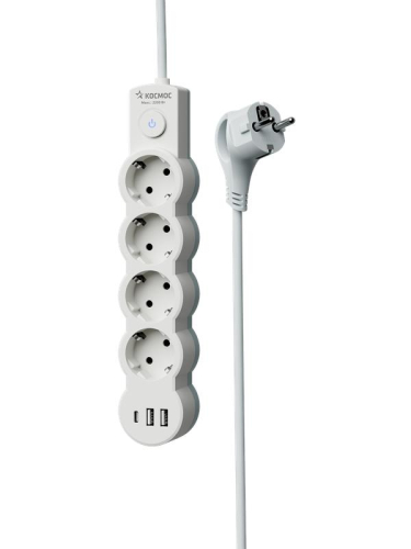 Удлинитель 4х1.5м с заземл. 10А IP20 USB type-Aх2 + type-C 2500Вт 220В ПВС 3х1 с выкл. бел. КОСМОС YKsm1.5m4g-Z-VU10А-W