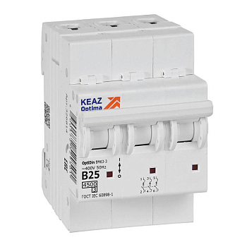 Выключатель автоматический модульный 3п B 25А 10кА OptiDin BM63-3B25-4.5-УХЛ3 КЭАЗ 329521