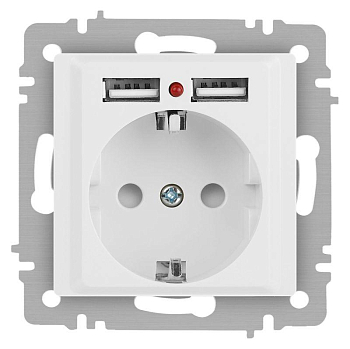 Розетка 1-м СП Accent 6-410-01М 16А IP20 250В P+E Schuko защ. шторки + 2хUSB бел. матов. Intro Б0063691