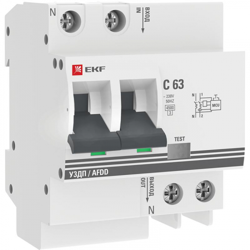 Устройство защиты от дугового пробоя 1P+N C 63А 4.5кА 72мм УЗДП PROxima EKF afdd-2-63C-72-pro
