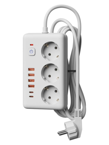 Удлинитель с сетевым фильтром 3х5м 10А 4USB + 2USBC 2500Вт ПВС 3х1 прямоуг. бел. КОСМОС FKsmPR-5m-3g(W)USB