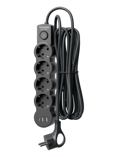 Удлинитель 4х1.5м с заземл. 10А IP20 2хUSB-А + 1хUSB-C 2500Вт 220В ПВС 3х1 с выкл. черн. КОСМОС YKsm1.5m4g-Z-VU10А-B