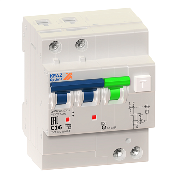 Выключатель автоматический дифференциального тока 2п C 16А 30мА тип A 10кА OptiDin VD63 УХЛ4 КЭАЗ 350291