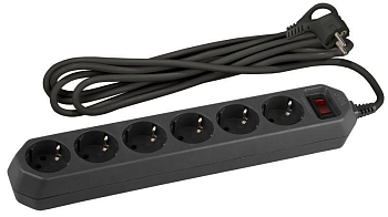 Удлинитель с сетевым фильтром 6х3м с заземл. 10А IP20 USF-6es-3m-B с выкл. с базов. защитой черн. Эра Б0037263