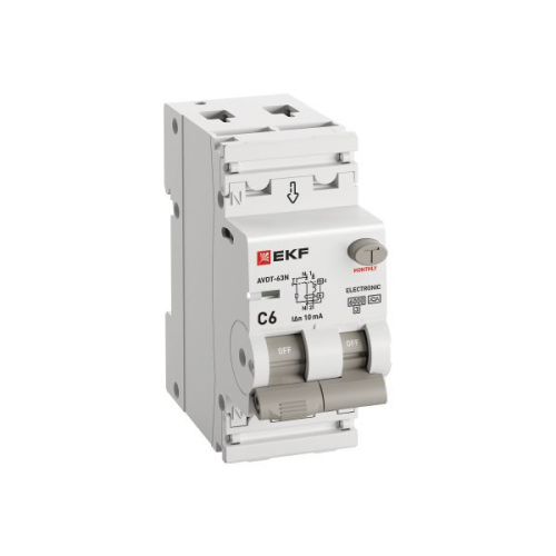Выключатель автоматический дифференциального тока 2п (1P+N) C 6А 10мА тип A 6кА АВДТ-63N (электрон.) PROxima EKF D63N26EA6C10