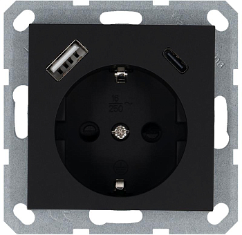 Розетка Shuko 16А с заземл. защ. шторки с 2-мя заряд. устройствами USB тип A+C 25Вт механизм черн. матов. soft touch Jasmart G5501USB-25PB