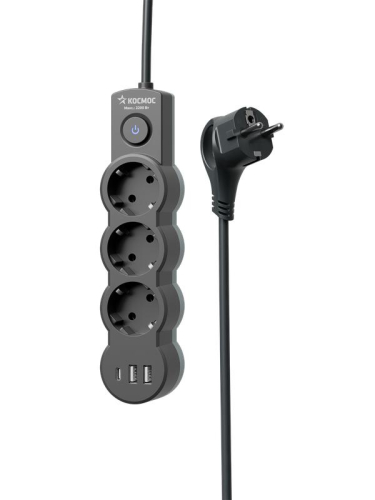 Удлинитель 3х5м с заземл. 10А IP20 USB 2800Вт 220В ПВС 3х1 с выкл. черн. КОСМОС YKsm5m3g-Z-VU10А-B