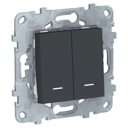 Переключатель проходной 2-кл. 2мод. СП Unica New IP21 (2х(сх. 6а)) с подсветкой антрацит SchE NU521354N