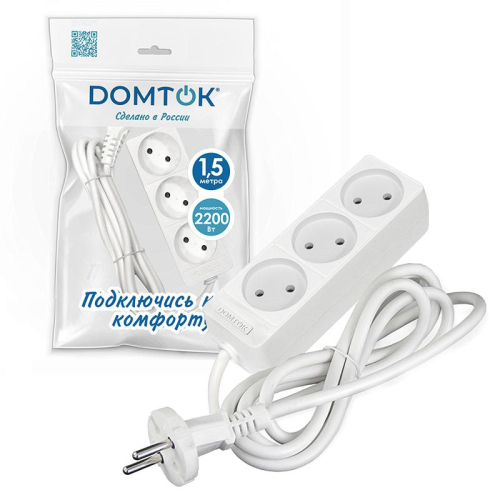 Удлинитель 3х1.5м без заземл. 10А IP20 2.2кВт ПВС 2х1 бел. DOMTOK 2349