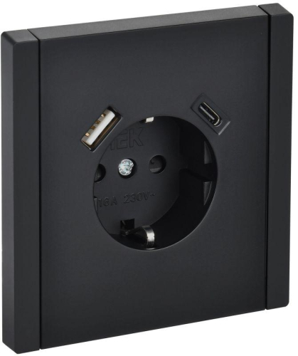 Розетка FORTE&PIANO FP147 16А USB A+C 18Вт с заземл. защ. шторки винт. крепл. черн. IEK FP-R14-16-U22-018-K02
