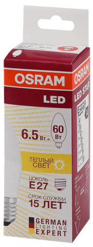 Лампа светодиодная LED STAR CLASSIC B 60 6.5W/830 6.5Вт свеча 2700К тепл. бел. E27 550лм 220-240В матов. пласт. OSRAM 4058075134232