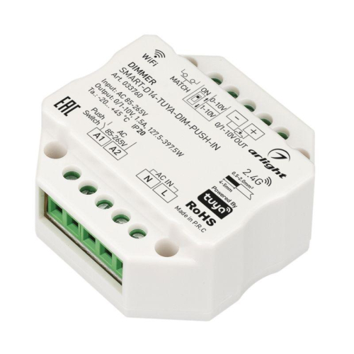 Диммер SMART-D14-TUYA-DIM-PUSH-IN 230В 1.5А 0/1-10В 2.4G IP20 пластик Arlight 033760