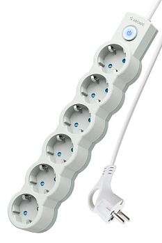 Удлинитель 6х5м с заземл. 10А IP20 2200Вт 220В защ. шторки ПВС 3х1 с выкл. бел. КОСМОС YKsm5m-6g-Z-V10A-W