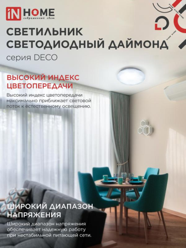 Светильник светодиодный DECO ДАЙМОНД 12Вт 6500К 1080лм 230В 210х55мм IN HOME 4690612033617