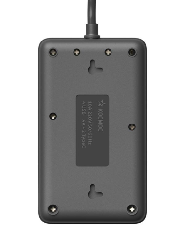 Удлинитель с сетевым фильтром 3х5м 10А 4USB + 2USBC 2500Вт ПВС 3х1 прямоуг. черн. КОСМОС FKsmPR-5m-3g(B)USB