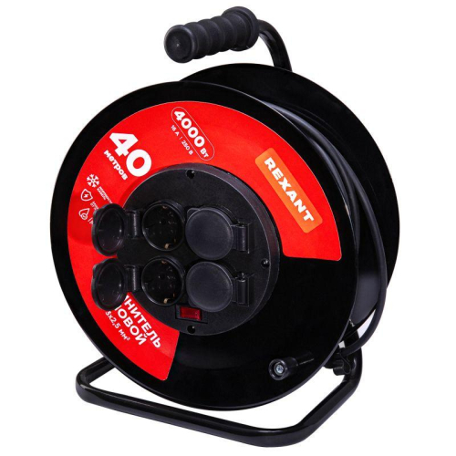 Удлинитель на метал. катушке 4х40м с заземл. IP44 КГ 3х2.5кв.мм с выключателем с защ. крышками Rexant 13-5015