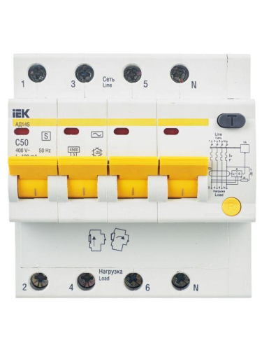 Выключатель автоматический дифференциального тока селективный 4п 50А 100мА тип AC АД14S KARAT IEK MAD13-4-050-C-100