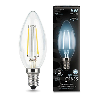 Лампа светодиодная филаментная Black Filament 5Вт свеча 4100К нейтр. бел. E14 450лм GAUSS 103801205