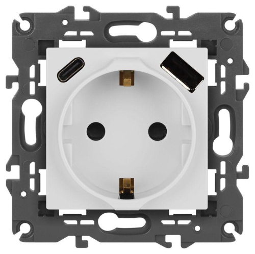 Розетка Elegance 14-4108-01 16A 250В 2P+E защ. шторки с USB type-A+C 3А 5В белый Эра Б0067736
