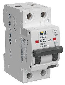 Выключатель автоматический дифференциального тока B10N 2P C25 30мА тип AC ARMAT IEK AR-B10N-2-C025C030