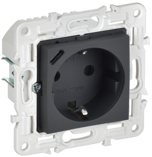 Розетка SKANDY 18Вт 16А с заземл. защ. шторки с USB C SK-R17G графит IEK SK-R14-16-U14-018-K53