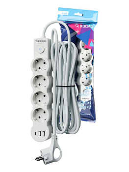 Удлинитель 4х1.5м с заземл. 10А IP20 USB type-Aх2 + type-C 2500Вт 220В ПВС 3х1 с выкл. бел. КОСМОС YKsm1.5m4g-Z-VU10А-W