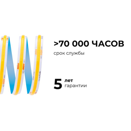 Лента светодиодная 24В 12Вт/м COB 320диод/м IP20 1000лм/м CRI90+ холод. бел. 6500К (уп.5м) Apeyron 00-383